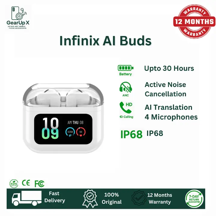 [Special Offer] Infinix AI Buds 640mAh Battery Upto 30 Hours Playtime AI Translations AI ANC Touch Control Screen Powerful Premium Bass Wireless Earphones Earbuds Bluetooth For Hot 60i Hot 60 Pro+