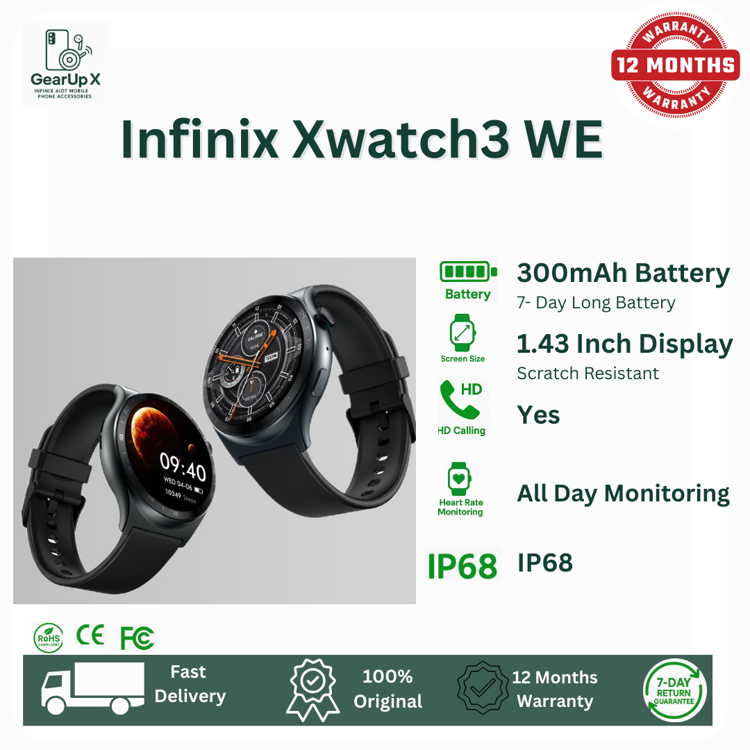 [New Arrival] Infinix Xwatch 3WE 1.43" AMOLED Screen Premium Metal Body Wireless Charge Comprehensive Health Monitoring 200+ Stylish Watch faces IP68 Bluetooth Wireless Smartwatch Headphones