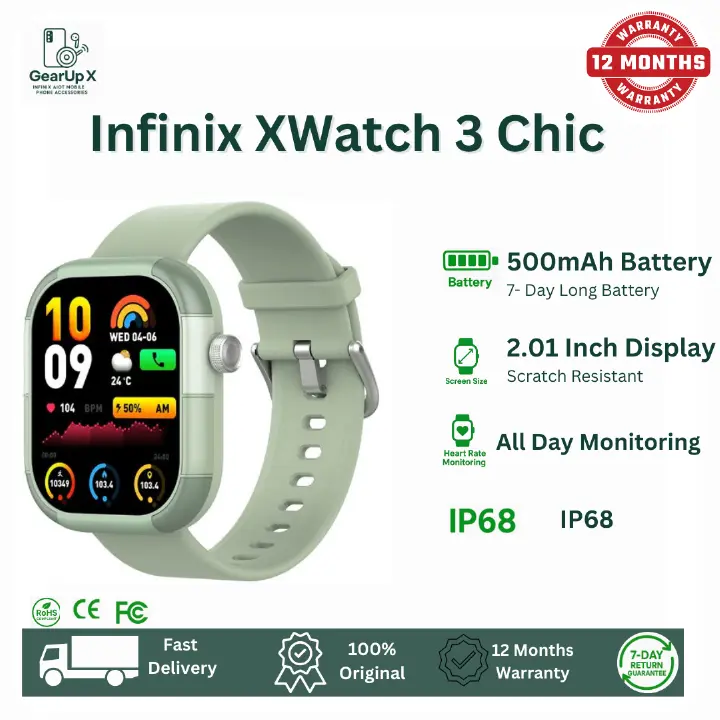 [New Arrival] Infinix Xwatch 3 Chic 2.01" AMOLED Screen Premium Bluetooth Calling Health Monitoring 200+ Stylish Watch faces IP68 Bluetooth Smartwatch My Health APP