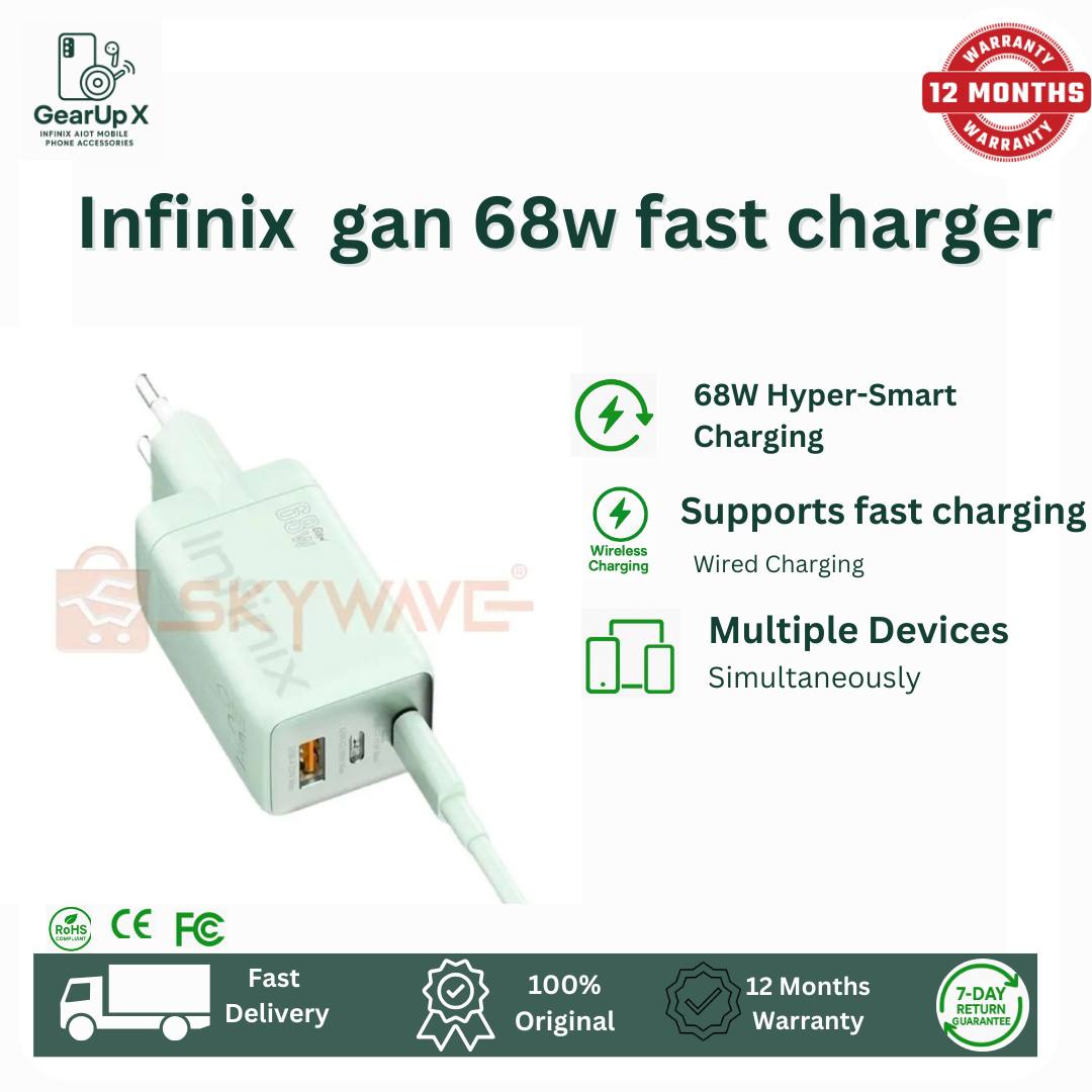 [New Arrival] Infinix GaN 68W Charger for Note 50 Pro Hot 60 Pro+ Plus USB C(2) USB A(1) Super-Fast And Safe Smart Distribution Intelligent Temperature Regulation Charging Adapter Brick Wall Charger