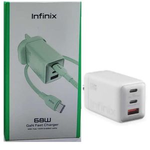 [New Arrival] Infinix GaN 68W Charger for Note 50 Pro Hot 60 Pro+ Plus USB C(2) USB A(1) Super-Fast And Safe Smart Distribution Intelligent Temperature Regulation Charging Adapter Brick Wall Charger