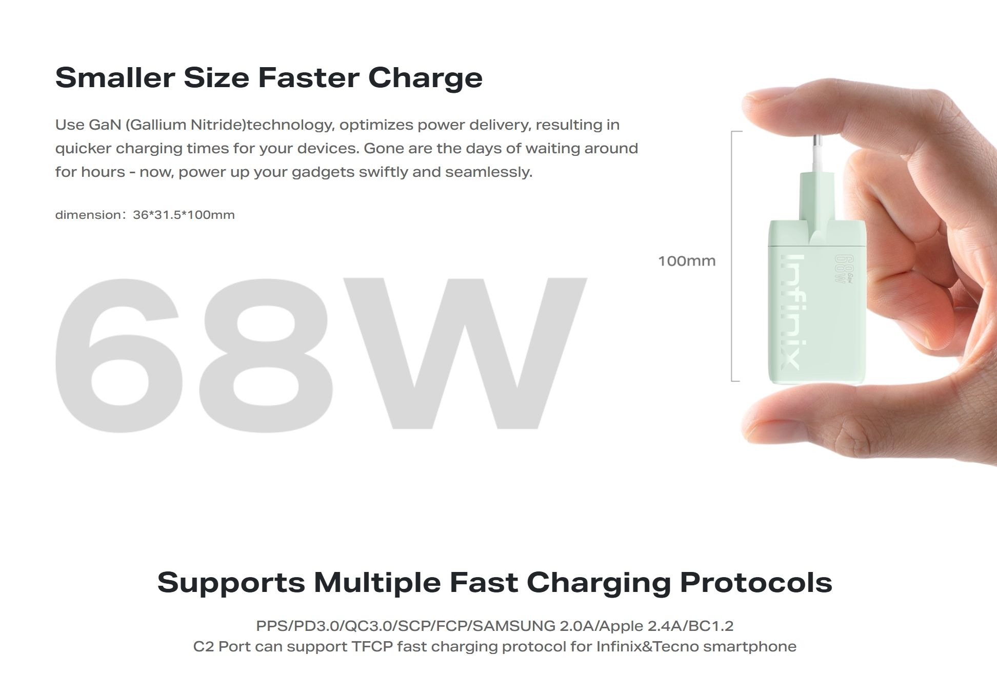 [New Arrival] Infinix GaN 68W Charger for Note 50 Pro Hot 60 Pro+ Plus USB C(2) USB A(1) Super-Fast And Safe Smart Distribution Intelligent Temperature Regulation Charging Adapter Brick Wall Charger