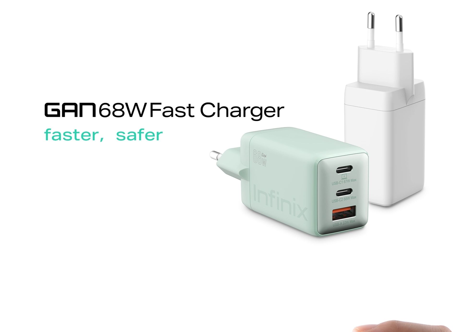 [New Arrival] Infinix GaN 68W Charger for Note 50 Pro Hot 60 Pro+ Plus USB C(2) USB A(1) Super-Fast And Safe Smart Distribution Intelligent Temperature Regulation Charging Adapter Brick Wall Charger