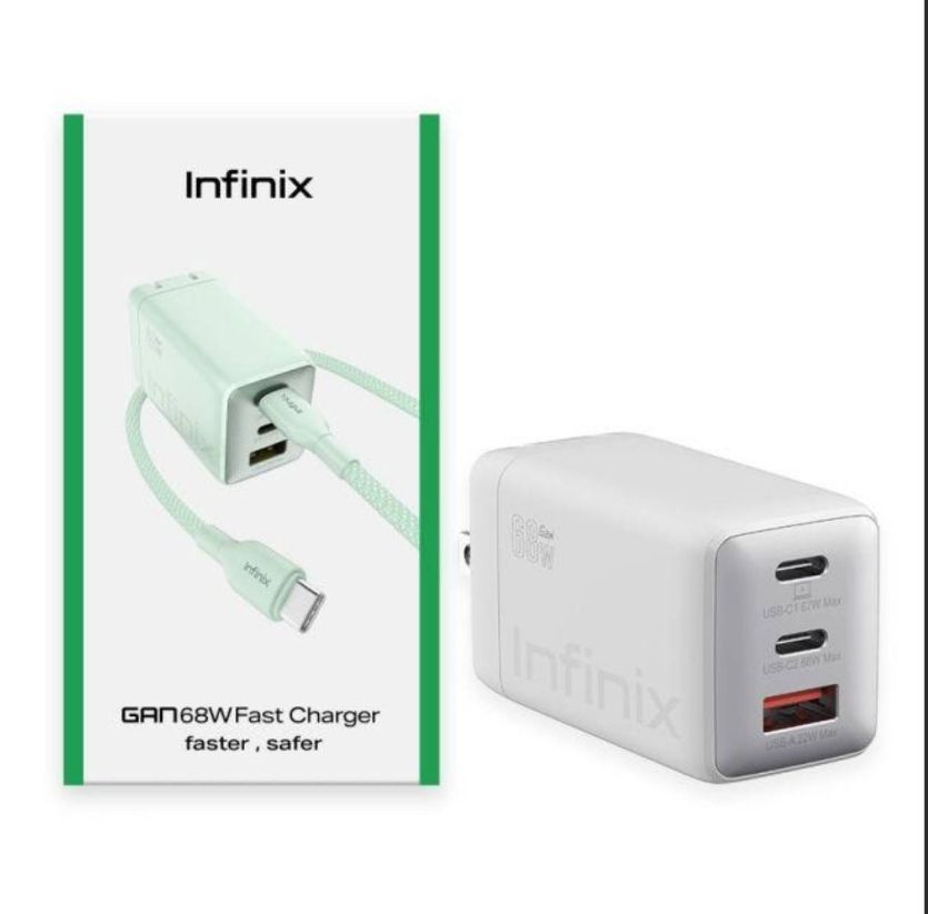 [New Arrival] Infinix GaN 68W Charger for Note 50 Pro Hot 60 Pro+ Plus USB C(2) USB A(1) Super-Fast And Safe Smart Distribution Intelligent Temperature Regulation Charging Adapter Brick Wall Charger