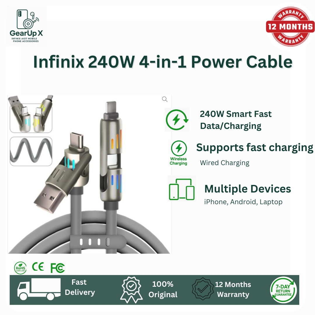 [New Arrival] Infinix Elbow Series Premium 4-In-1 240W Cable Liquid Silicone Rubber for Hot 60 Pr+ Hot 60i 1.2M Cable Type C-C Type C-Lightning(iPhone) USB A-Type-C USB-A-Lightning Charger Data