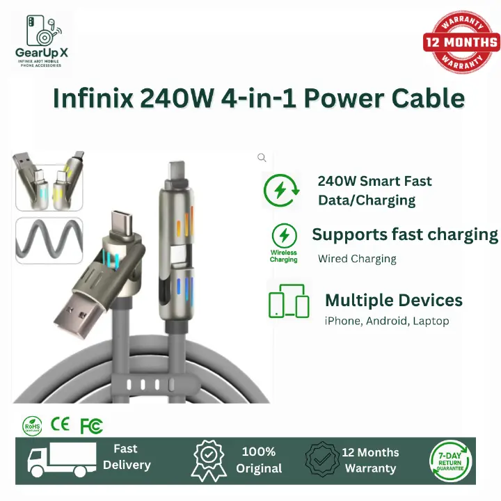 [New Arrival] Infinix Elbow Series Premium 4-In-1 240W Cable Liquid Silicone Rubber for Hot 60 Pr+ Hot 60i 1.2M Cable Type C-C Type C-Lightning(iPhone) USB A-Type-C USB-A-Lightning Charger Data
