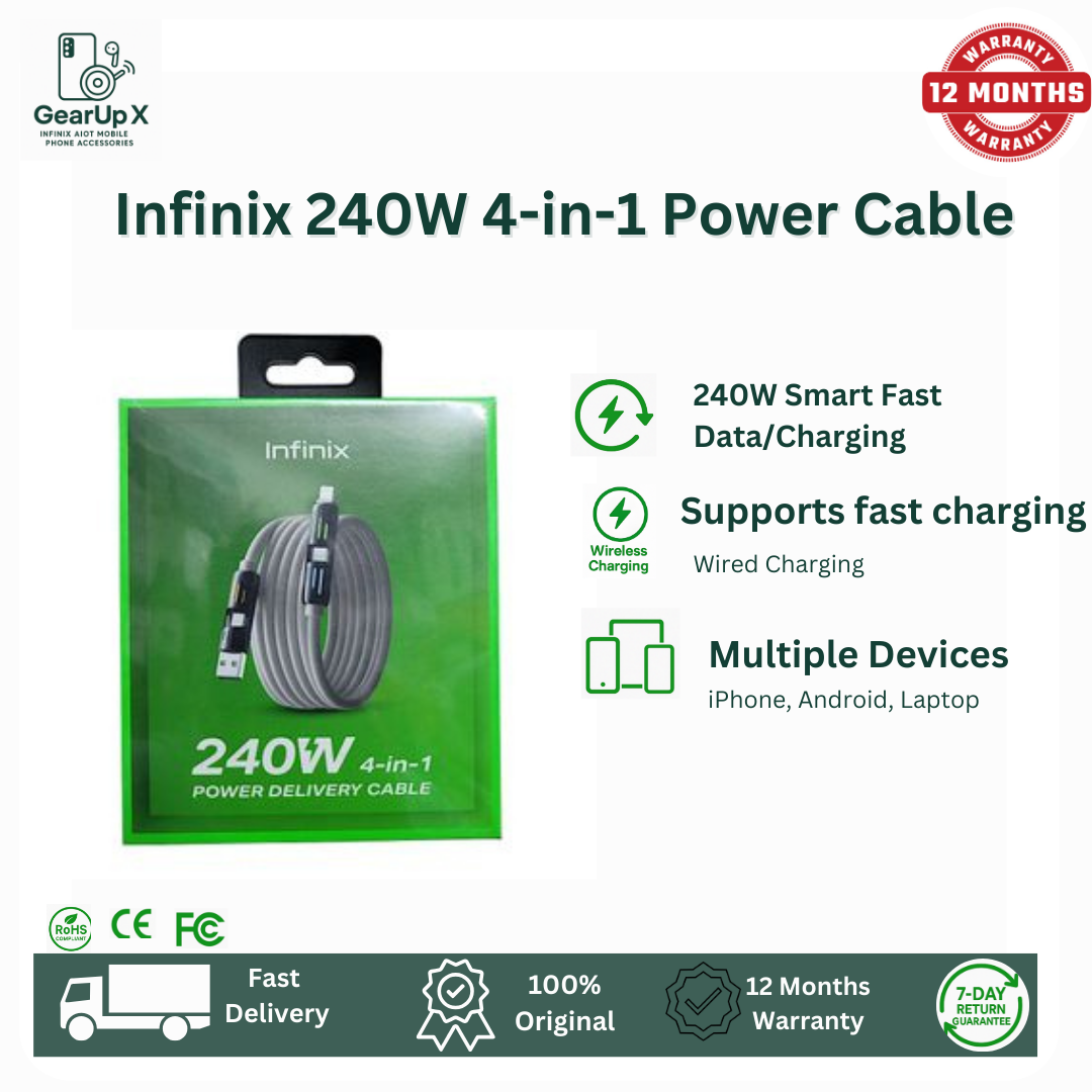 [New Arrival] Infinix Elbow Series Premium 4-In-1 240W Cable Liquid Silicone Rubber for Hot 60 Pr+ Hot 60i 1.2M Cable Type C-C Type C-Lightning(iPhone) USB A-Type-C USB-A-Lightning Charger Data