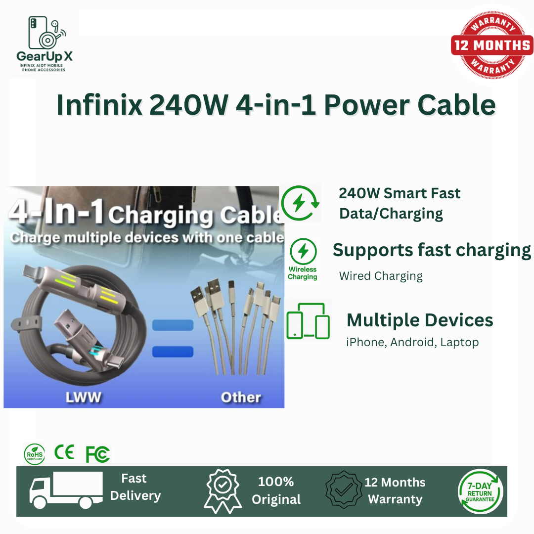 [New Arrival] Infinix Elbow Series Premium 4-In-1 240W Cable Liquid Silicone Rubber for Hot 60 Pr+ Hot 60i 1.2M Cable Type C-C Type C-Lightning(iPhone) USB A-Type-C USB-A-Lightning Charger Data