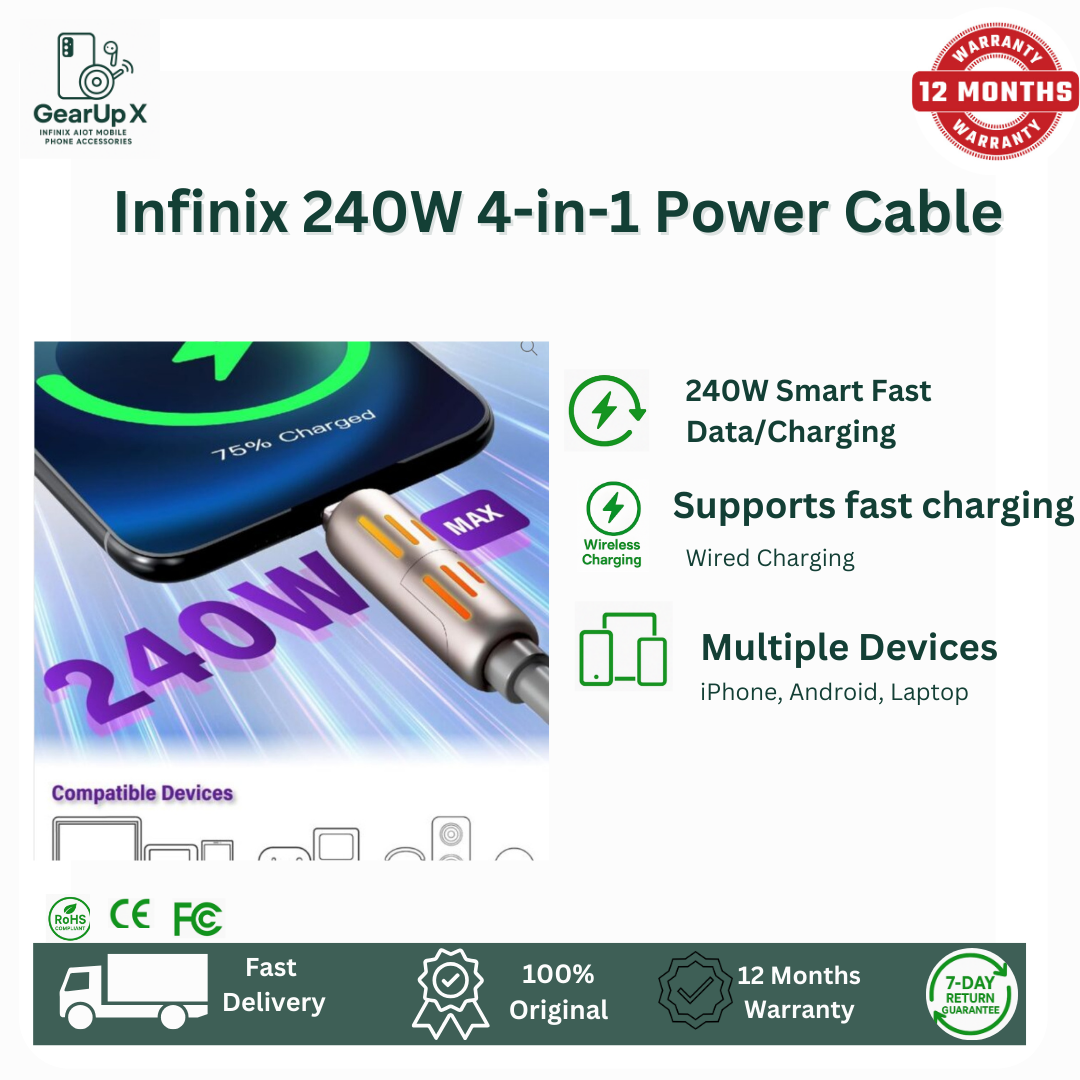 [New Arrival] Infinix Elbow Series Premium 4-In-1 240W Cable Liquid Silicone Rubber for Hot 60 Pr+ Hot 60i 1.2M Cable Type C-C Type C-Lightning(iPhone) USB A-Type-C USB-A-Lightning Charger Data