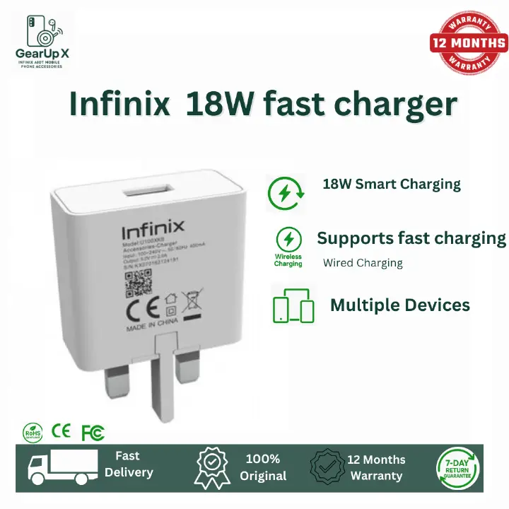 [New Arrival] Infinix 18W Charger for Hot 60i Hot 60 Pro+ Plus Smart 10HD Port USB A Super-Fast And Safe Smart Distribution Intelligent Temperature Regulation Charging Adapter Brick Wall Charger