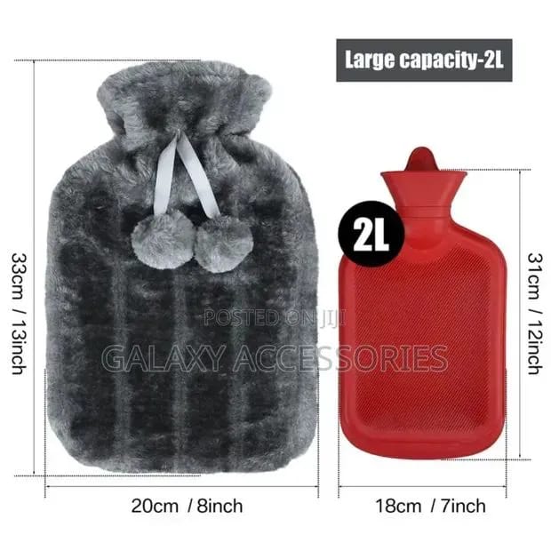 2L hot water bottle with soft fluffy cover. Provides long-lasting warmth & pain relief for back, cramps, cold nights, and relaxation.