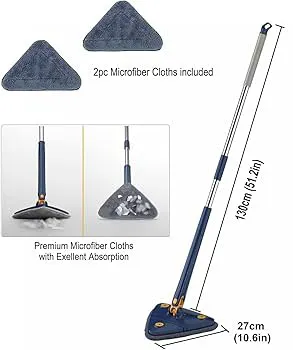 Long Handle Triangular Twist Mop –  Rotating Floor Cleaner with Microfiber Pads, Easy Wring, Wet & Dry Cleaning, Home & Office Use