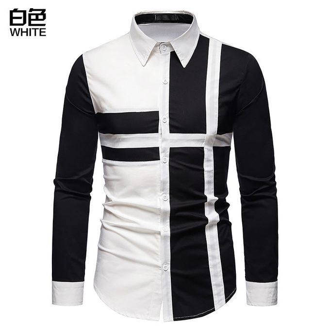 Men’s Regular Fit Black & White Contrast Cross-Panel Shirt – Modern Long Sleeve Button Down.