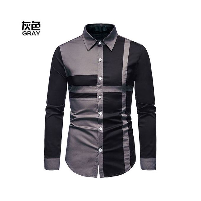 Men’s Regular Fit Black & White Contrast Cross-Panel Shirt – Modern Long Sleeve Button Down.