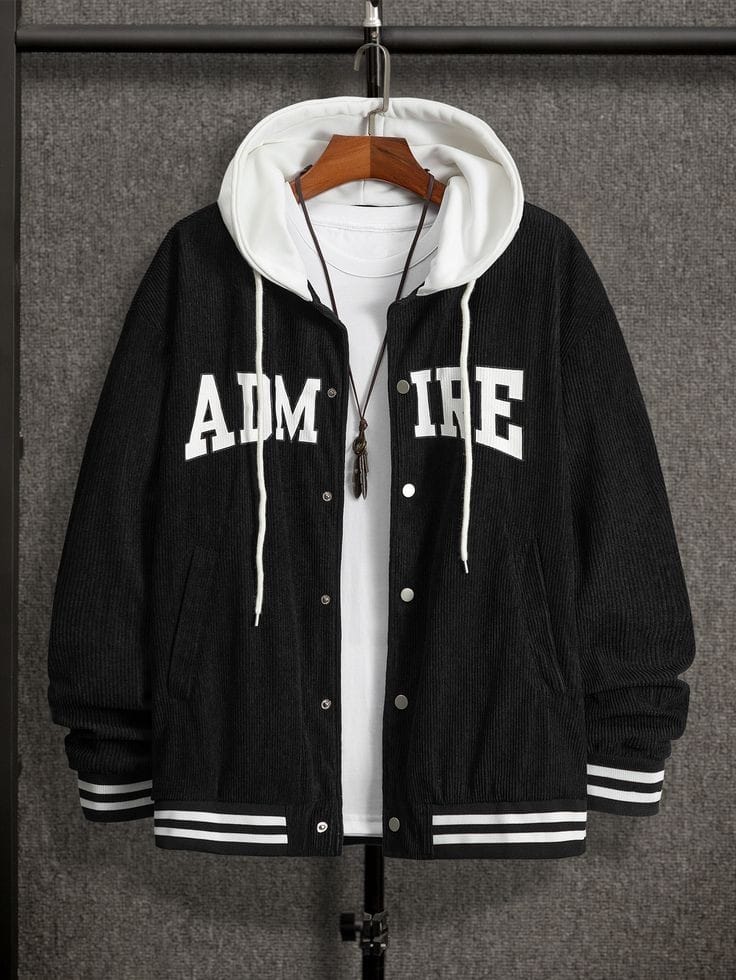 Men’s Corduroy Varsity Jacket With Contrast Hood – “ADMIRE” Letterman Style