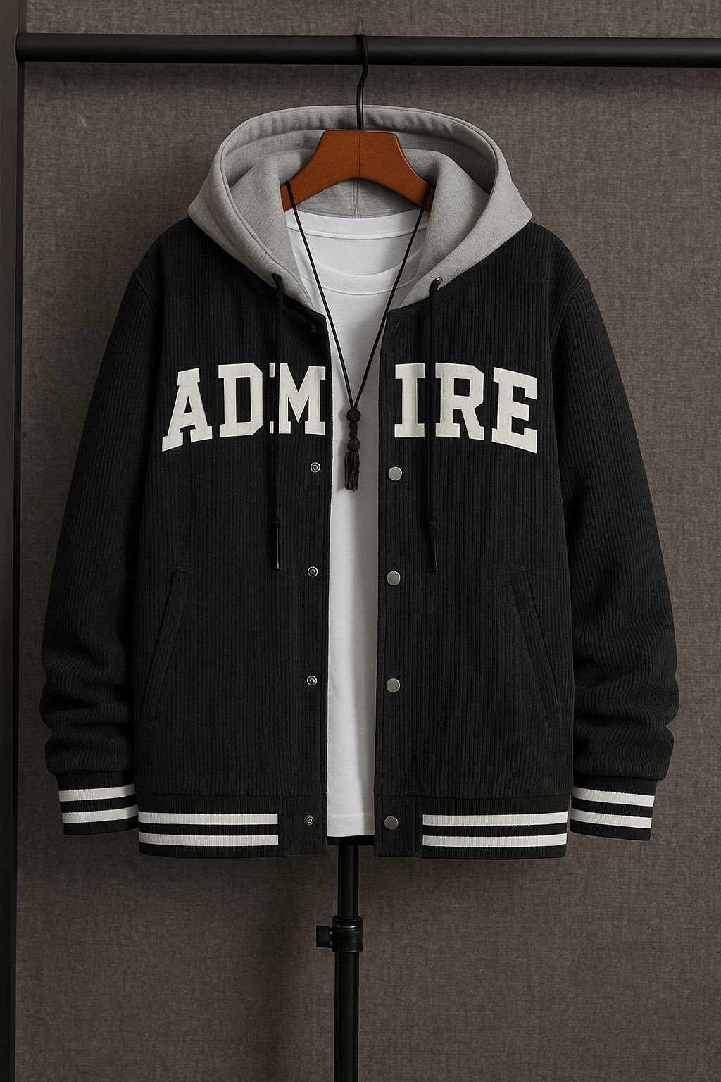 Men’s Corduroy Varsity Jacket With Contrast Hood – “ADMIRE” Letterman Style