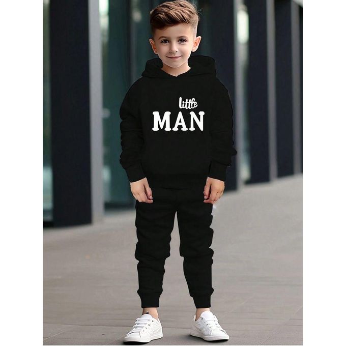 Little Man Kids’ Hoodie & Jogger Set / 2pcs/Set Boys Fashionable Letter Print Hooded Sweatshirt And Sporty Pants Outfit.