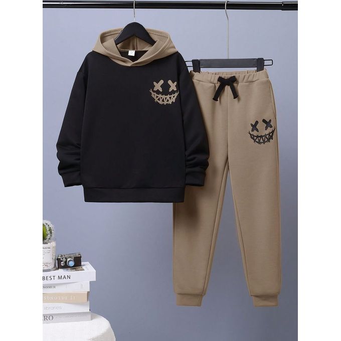 Kids' 2-Piece Hoodie & Jogger Set - Blue & Black Smiley Face Print-Tween Boy Expression Print Hoodie & Drawstring Waist Sweatpants