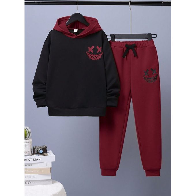 Kids' 2-Piece Hoodie & Jogger Set - Blue & Black Smiley Face Print-Tween Boy Expression Print Hoodie & Drawstring Waist Sweatpants