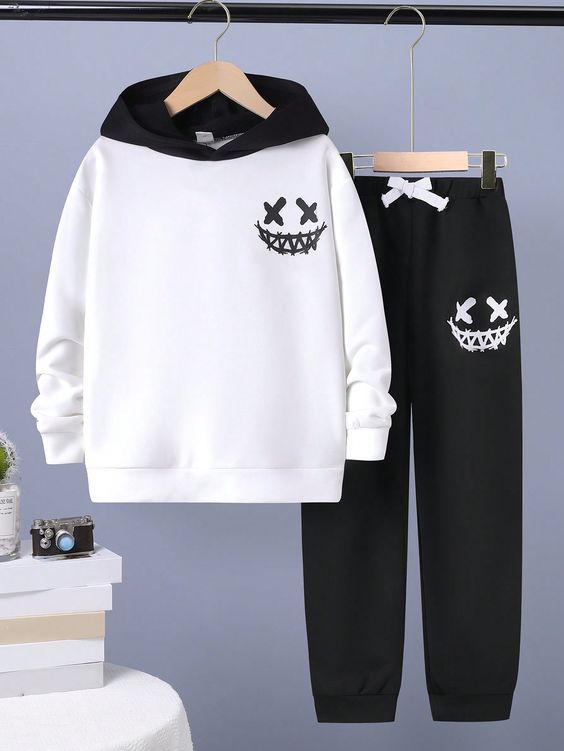 Kids' 2-Piece Hoodie & Jogger Set - Blue & Black Smiley Face Print-Tween Boy Expression Print Hoodie & Drawstring Waist Sweatpants