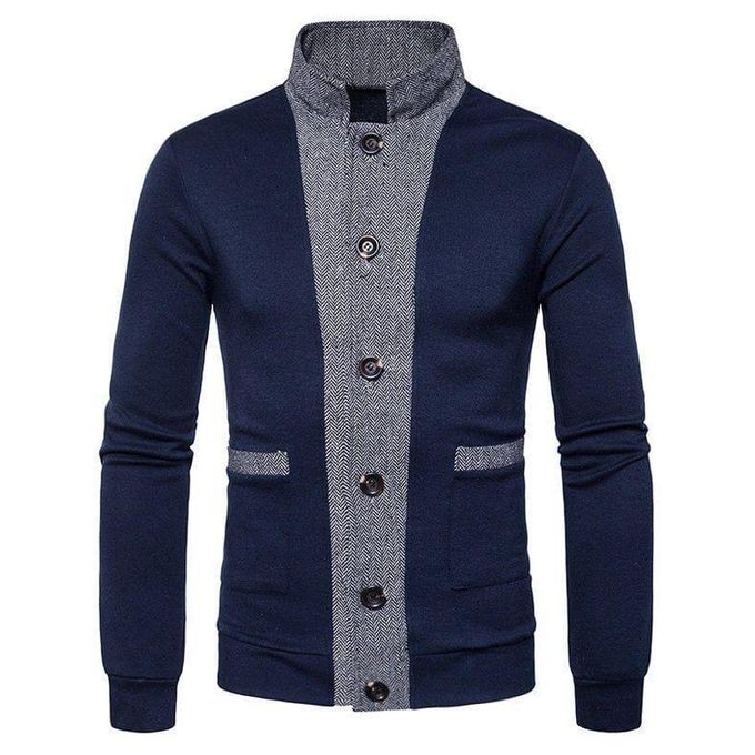 Men’s Slim-Fit Fleece Cardigan with Contrast Herringbone Detail and Stand Collar-Trendy Fleece Cardigan