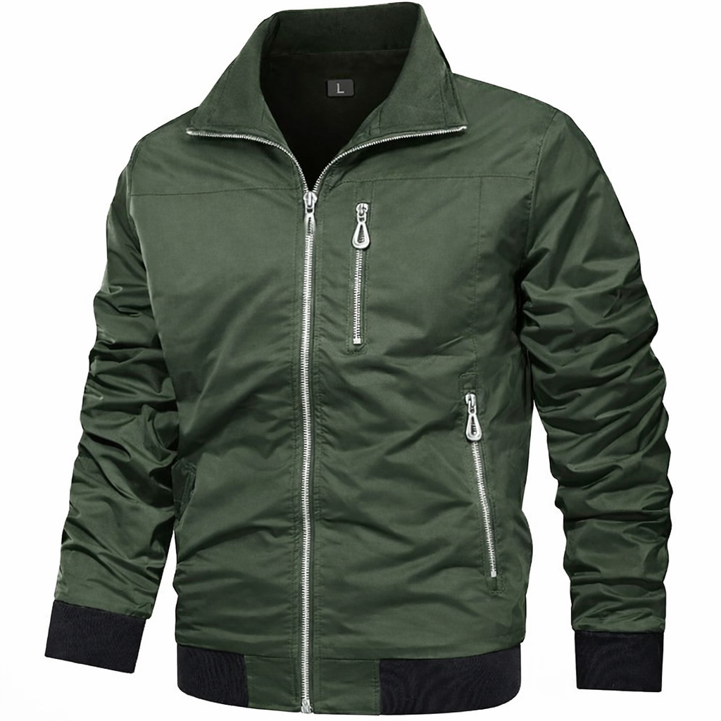 Jungle Green Urban Zip-Detail Jacket-
Jungle Green Modern Urban Bomber Jacket with Stand-Up Collar, Decorative Chest Zipper, and Silver Zip-Front Detailing