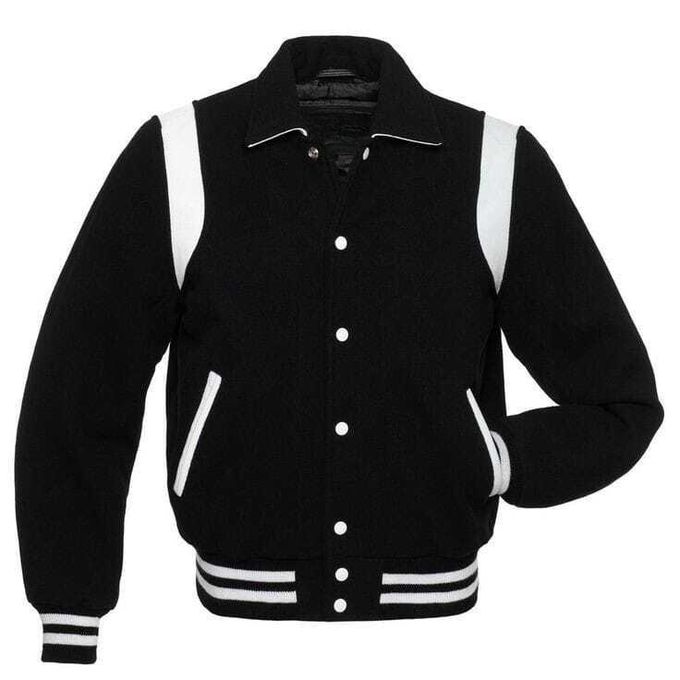Structured Polo-Style Collar Black Varsity Jacket with Bold White Shoulder Panels, Classic Snap-Front Closure, Striped Ribbed Hem and Cuffs, Contrast Trim Pockets, and Modern Athletic Streetwear.