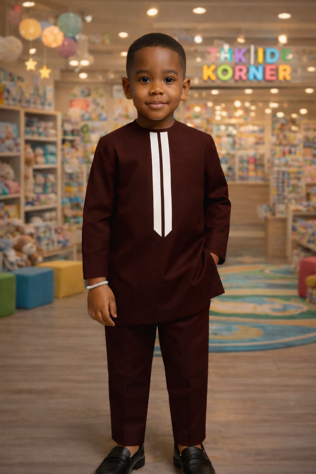 African Noble Stripe Suit for Boys - Elegant Two-Piece African-Inspired Tunic and Trouser Set Featuring a Bold Vertical Stripe Chest Design.