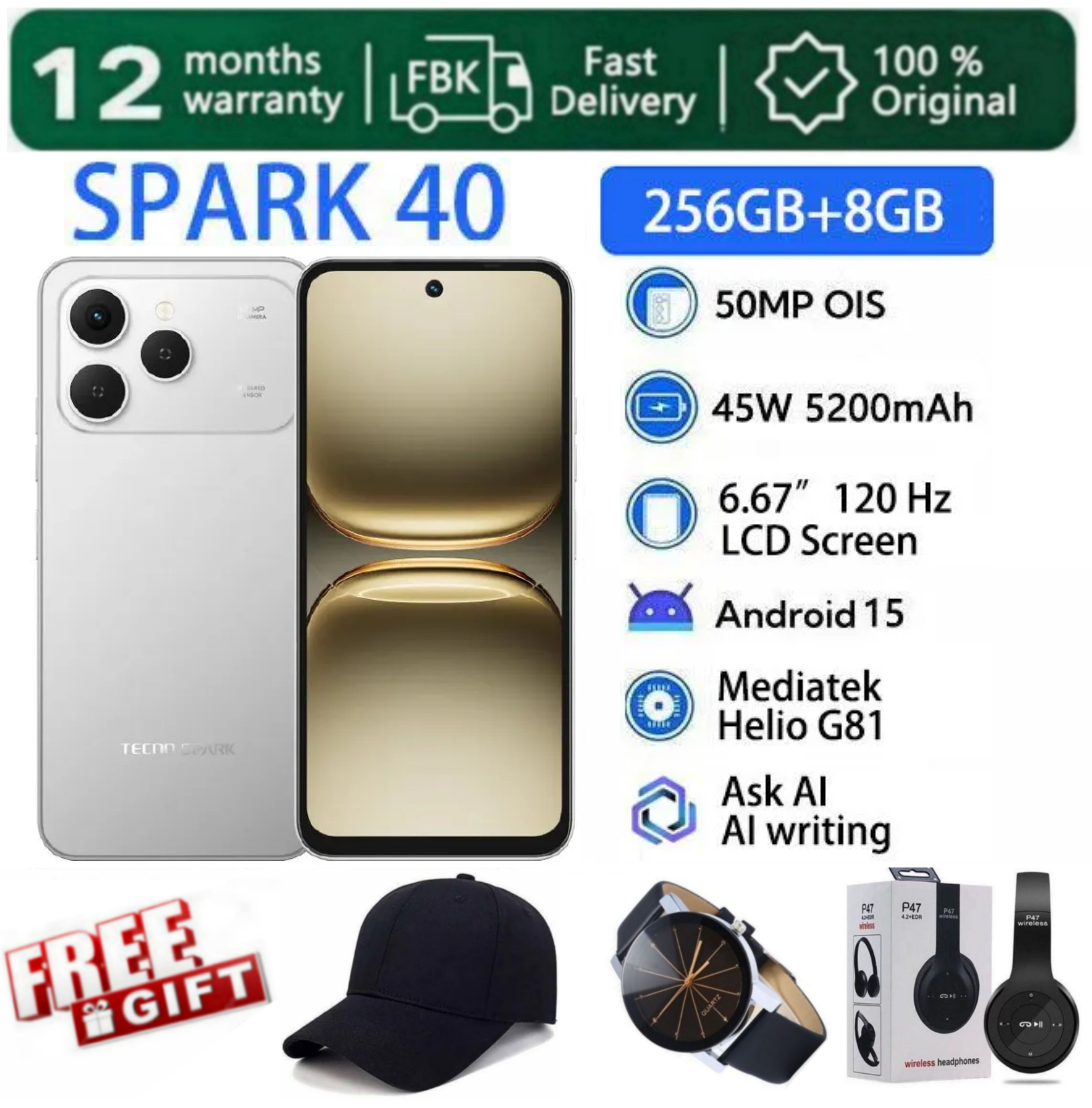 [SUPER DEALS!!!] TECNO SPARK 40 256GB ROM Storage + 16(8+8) GB RAM 6.67" 120Hz Phone Dynamic Port 50MP Dual Speaker 5200mAh 45W Type-C Dual SIM Side Fingerprint IP64 Smart Phones + FREE GIFTS INCLUDED