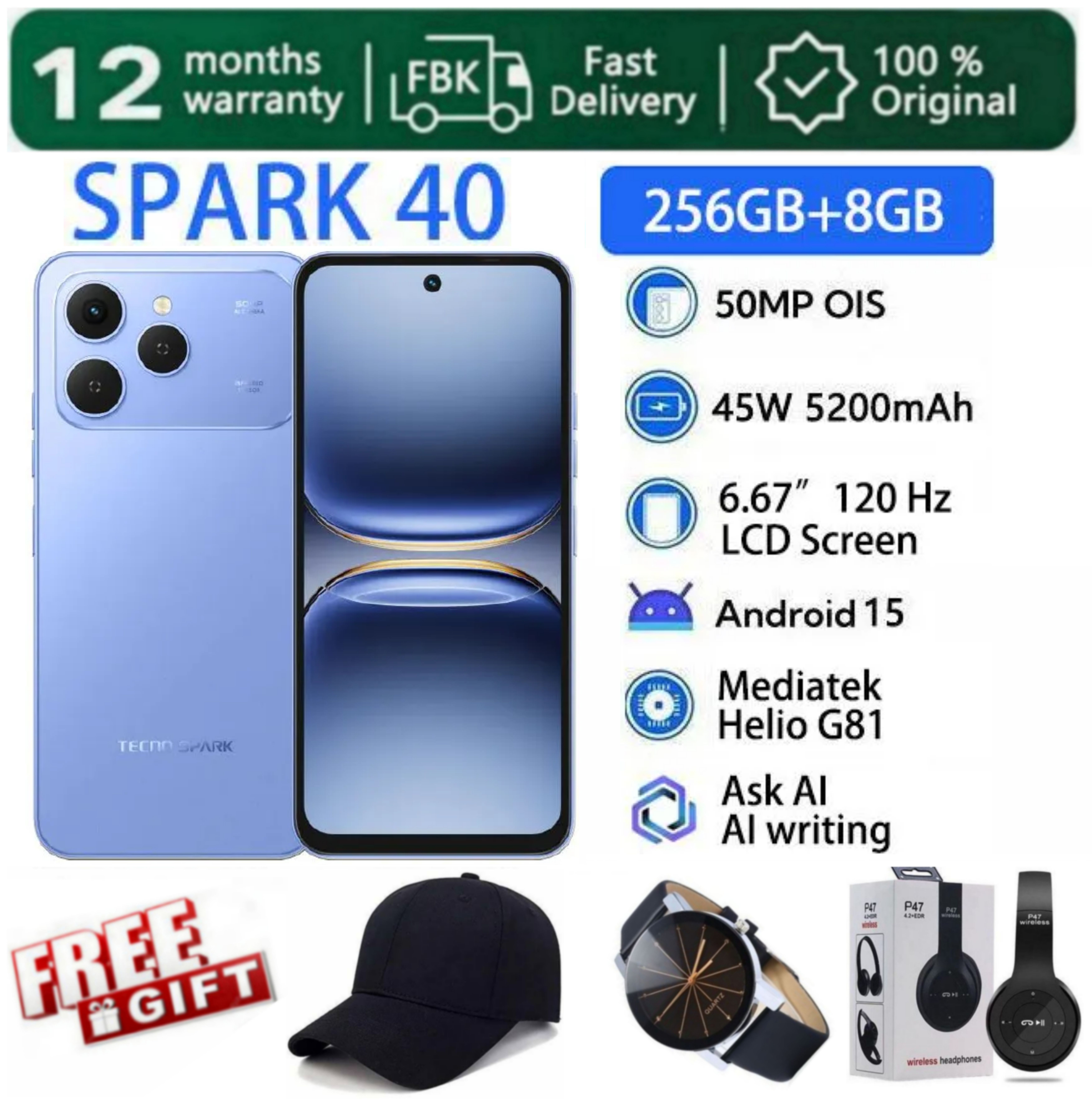 [SUPER DEALS!!!] TECNO SPARK 40 256GB ROM Storage + 16(8+8) GB RAM 6.67" 120Hz Phone Dynamic Port 50MP Dual Speaker 5200mAh 45W Type-C Dual SIM Side Fingerprint IP64 Smart Phones + FREE GIFTS INCLUDED