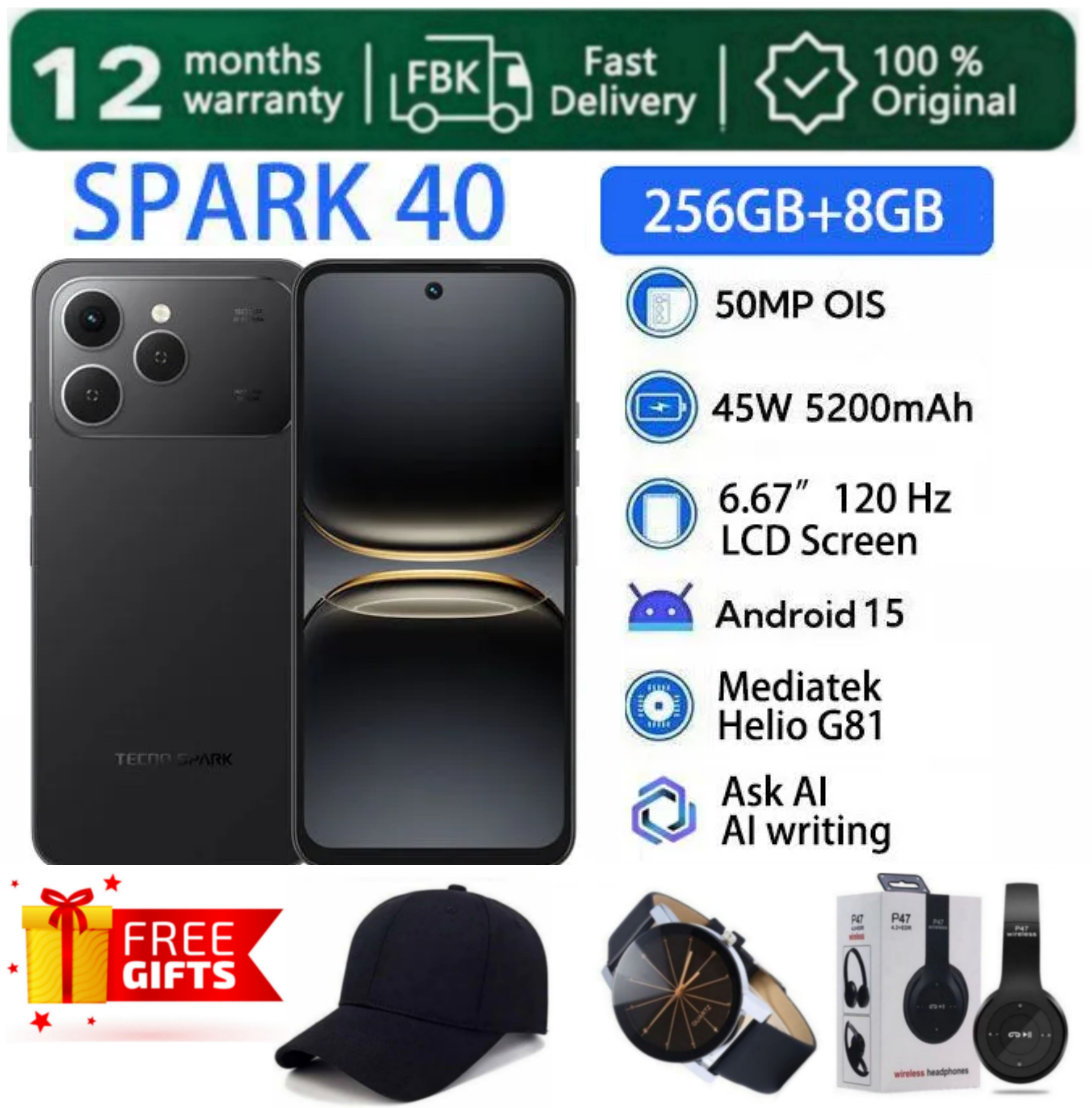 [SUPER DEALS!!!] TECNO SPARK 40 256GB ROM Storage + 16(8+8) GB RAM 6.67" 120Hz Phone Dynamic Port 50MP Dual Speaker 5200mAh 45W Type-C Dual SIM Side Fingerprint IP64 Smart Phones + FREE GIFTS INCLUDED
