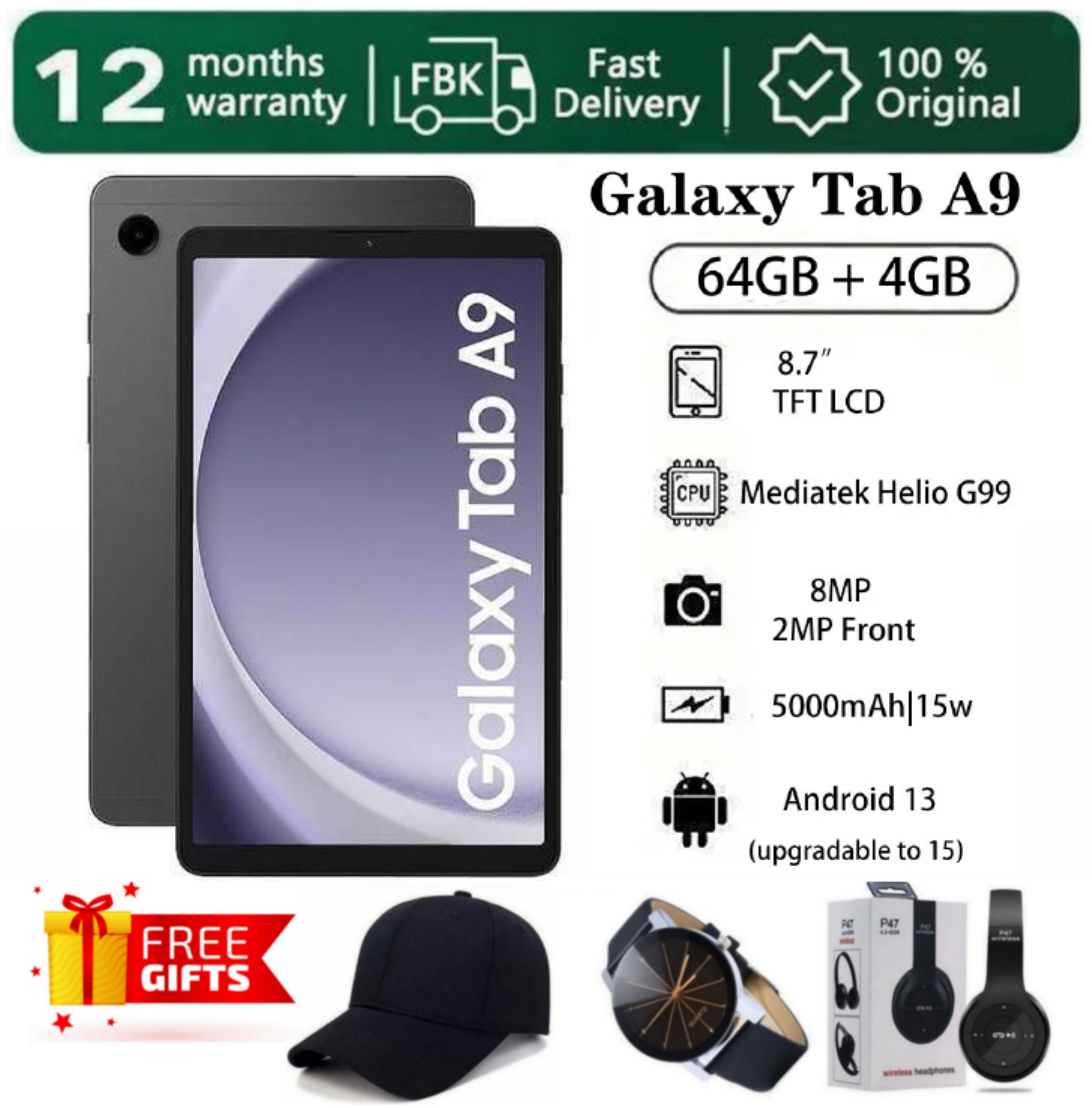 SUPER DEALS!!! SAMSUNG GALAXY Tab A9 64GB ROM Storage + 4GB RAM 8.7" TFT LCD Display 8MP Camera Android 13 (Upgradable to Android 15) MediaTek Helio G99 15W 5100mAh Tablet + FREE GIFTS INCLUDED