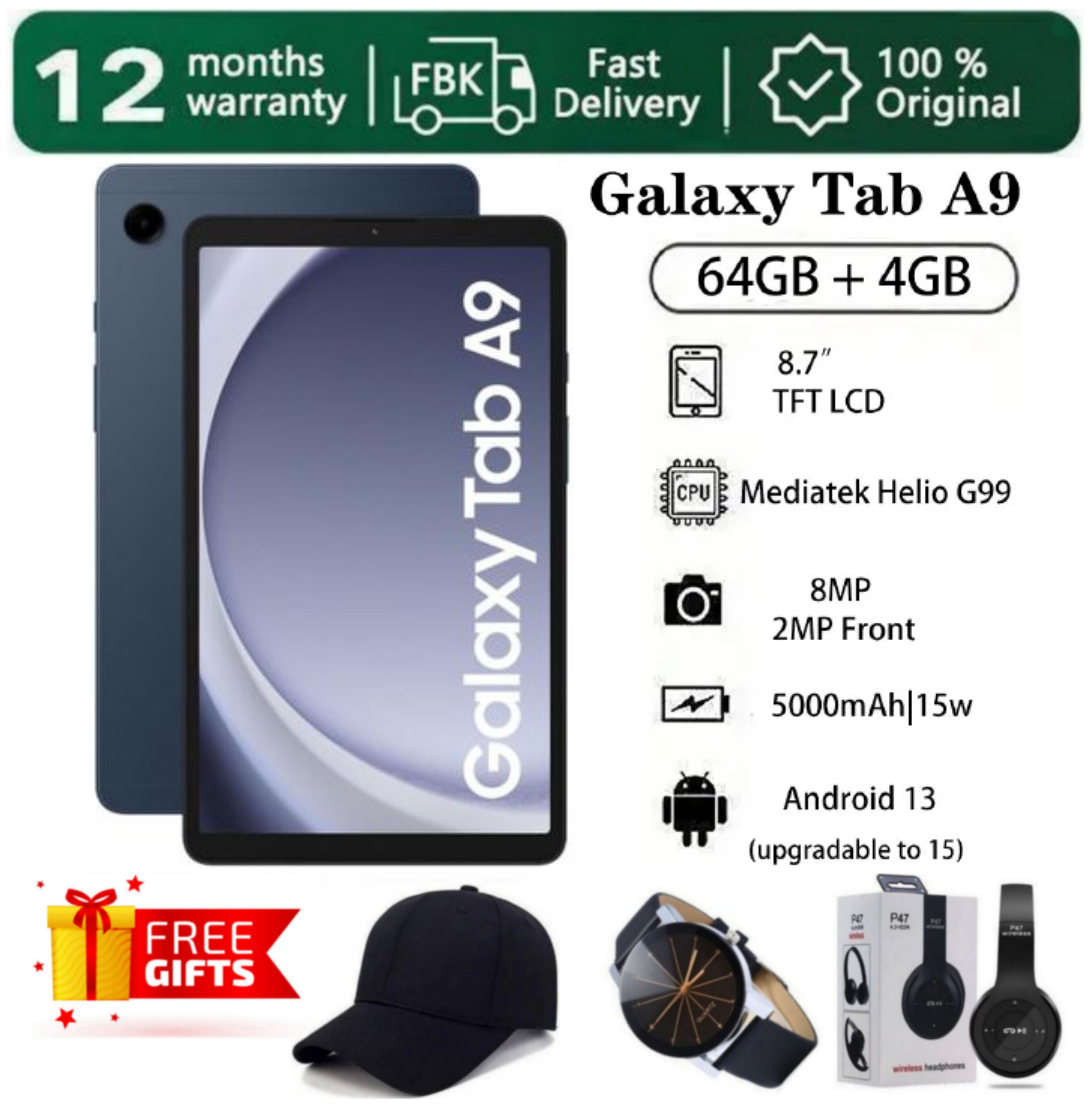 SUPER DEALS!!! SAMSUNG GALAXY Tab A9 64GB ROM Storage + 4GB RAM 8.7" TFT LCD Display 8MP Camera Android 13 (Upgradable to Android 15) MediaTek Helio G99 15W 5100mAh Tablet + FREE GIFTS INCLUDED