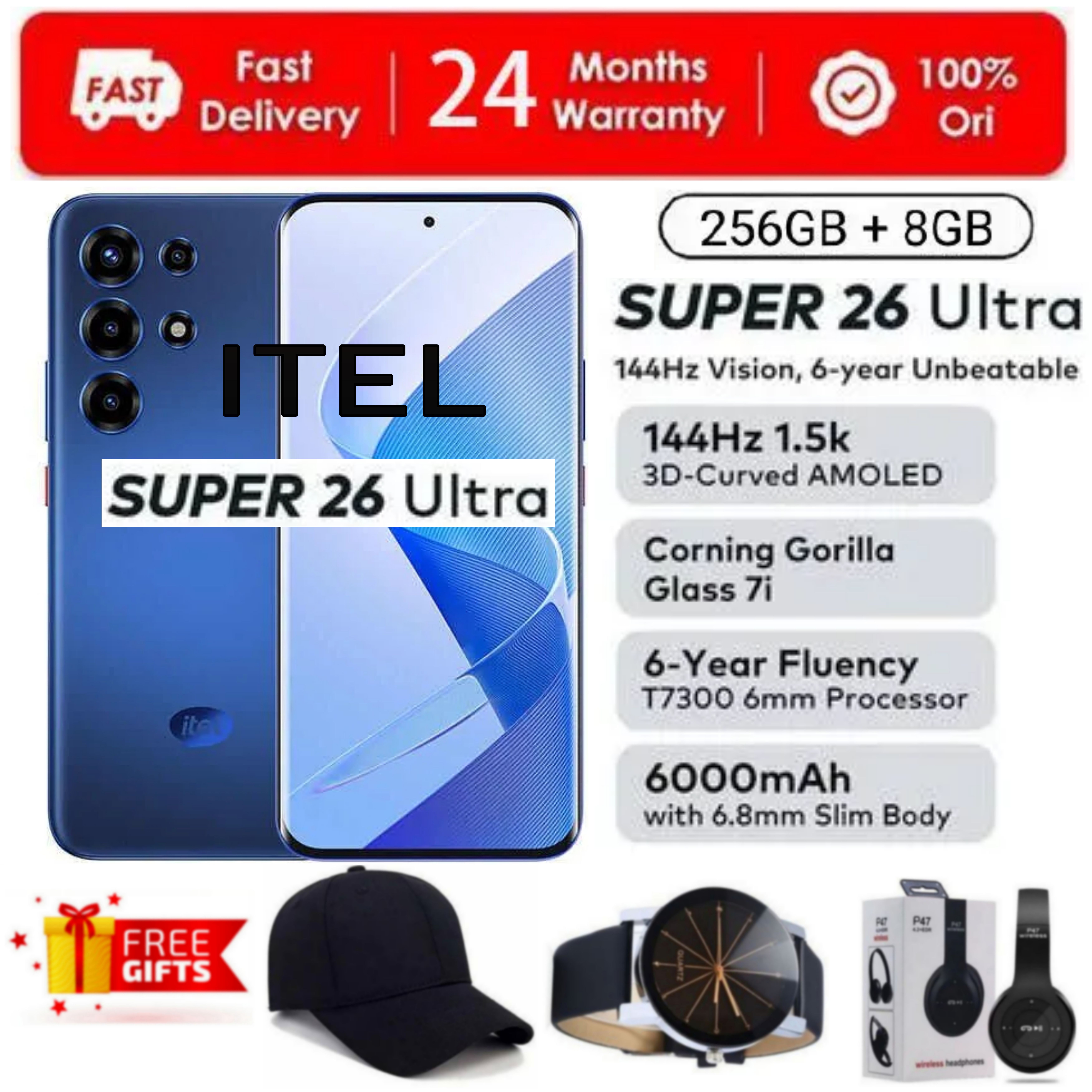 [SUPER DEALS!!!] Itel SUPER 26 ULTRA 8GB RAM + 256GB ROM Storage 6.8" Inch 144Hz 3D Curved AMOLED Display In-display fingerprint scanner IP65 6000mAh Dual sim + FREE GIFTS INCLUDED