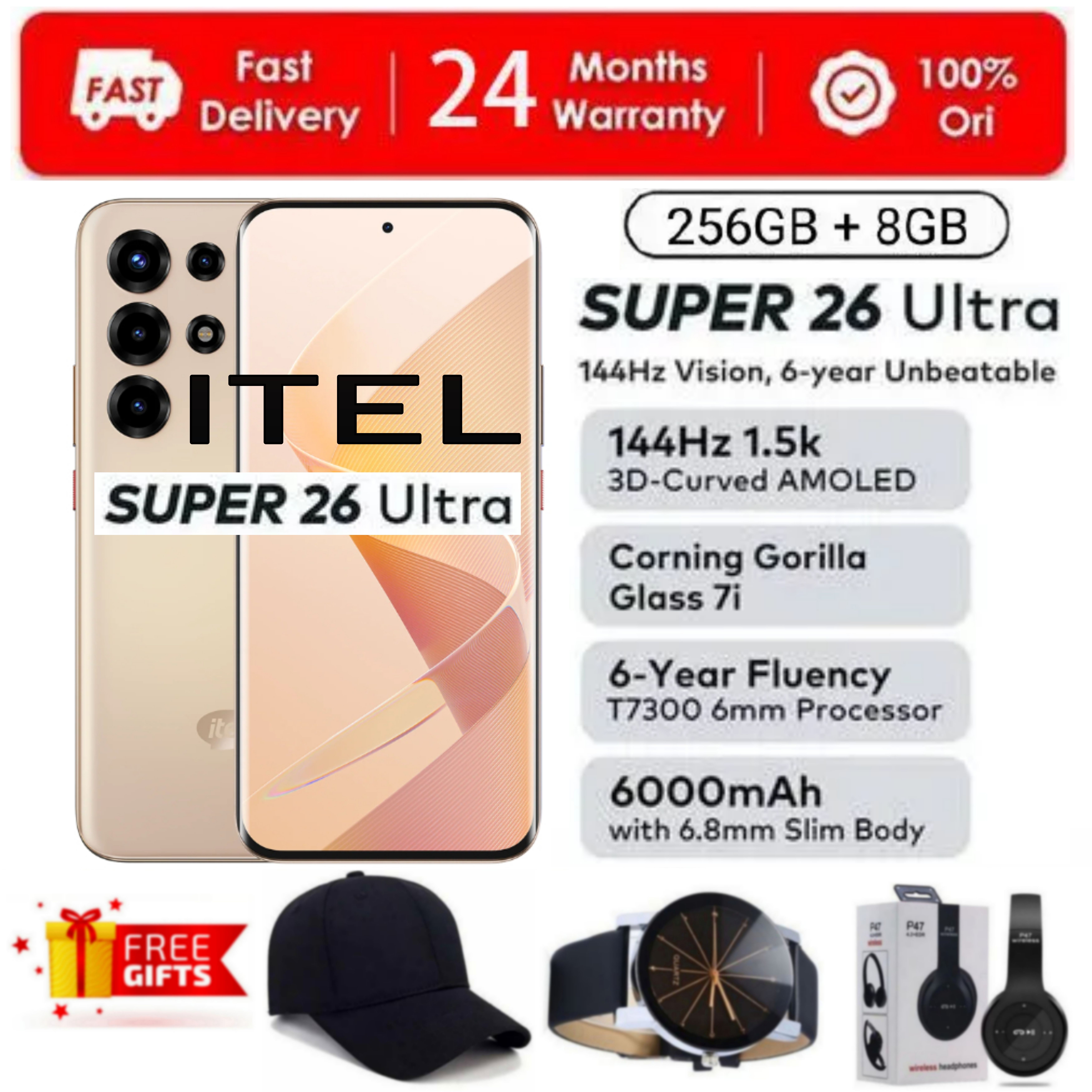 [SUPER DEALS!!!] Itel SUPER 26 ULTRA 8GB RAM + 256GB ROM Storage 6.8" Inch 144Hz 3D Curved AMOLED Display In-display fingerprint scanner IP65 6000mAh Dual sim + FREE GIFTS INCLUDED