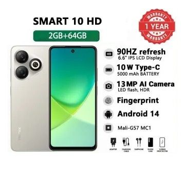Brand New Infinix Smart 10 HD 4(2+2)GB RAM + 64GB 6.6" 90Hz Display Slim 4G Phone Dual SIM 5000mAh Battery 10W Charging 13MP Camera Fingerprint Lock Android 14 Smart AI Phones Smart 10HD Mobile