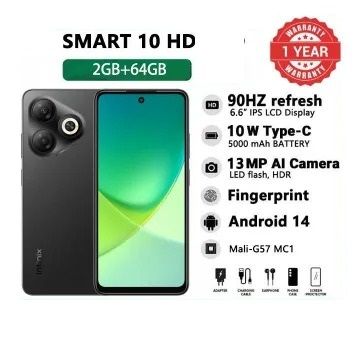 Brand New Infinix Smart 10 HD 4(2+2)GB RAM + 64GB 6.6" 90Hz Display Slim 4G Phone Dual SIM 5000mAh Battery 10W Charging 13MP Camera Fingerprint Lock Android 14 Smart AI Phones Smart 10HD Mobile