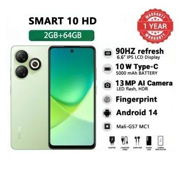 Brand New Infinix Smart 10 HD 4(2+2)GB RAM + 64GB 6.6" 90Hz Display Slim 4G Phone Dual SIM 5000mAh Battery 10W Charging 13MP Camera Fingerprint Lock Android 14 Smart AI Phones Smart 10HD Mobile