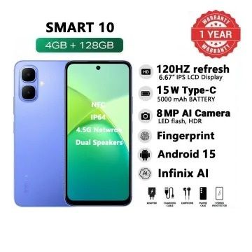Brand New Infinix Smart 10 6.67" 120Hz Display 128GB + 4GB 5000mAh Long-Life Battery 4.5G Dual SIM Waterproof Dual Speakers 15W Charging NFC Fingerprint Lock Android15 AI Smart Phones Mobile