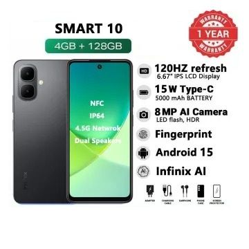 Brand New Infinix Smart 10 6.67" 120Hz Display 128GB + 4GB 5000mAh Long-Life Battery 4.5G Dual SIM Waterproof Dual Speakers 15W Charging NFC Fingerprint Lock Android15 AI Smart Phones Mobile