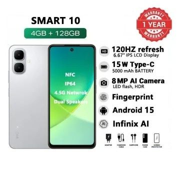 Brand New Infinix Smart 10 6.67" 120Hz Display 128GB + 4GB 5000mAh Long-Life Battery 4.5G Dual SIM Waterproof Dual Speakers 15W Charging NFC Fingerprint Lock Android15 AI Smart Phones Mobile