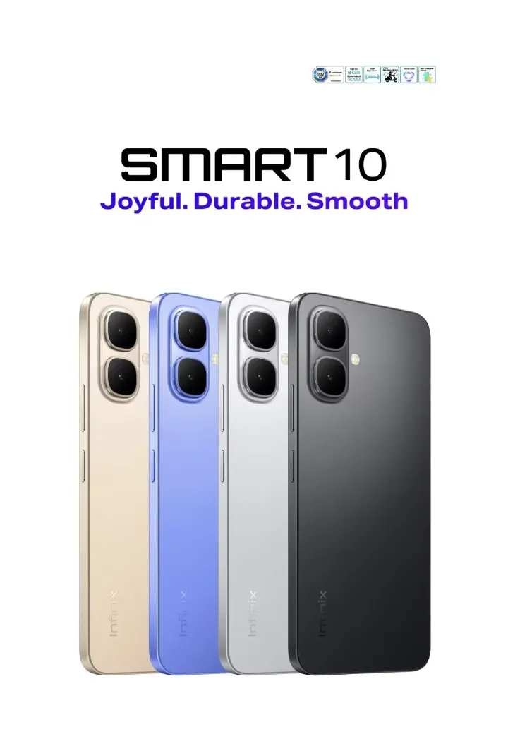 Brand New Infinix Smart 10 6.67" 120Hz Display 64GB + 4GB 5000mAh Long-Life Battery 4.5G Dual SIM Waterproof Dual Speakers 15W Charging NFC Fingerprint Lock Android15 AI Smart Phones Mobile