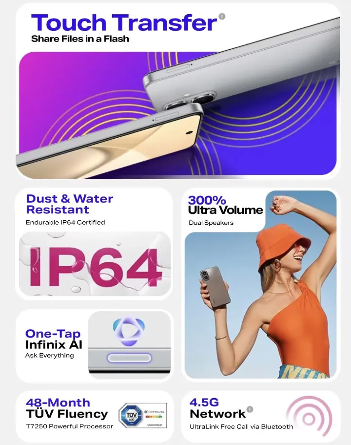 Brand New Infinix Smart 10 6.67" 120Hz Display 64GB + 4GB 5000mAh Long-Life Battery 4.5G Dual SIM Waterproof Dual Speakers 15W Charging NFC Fingerprint Lock Android15 AI Smart Phones Mobile