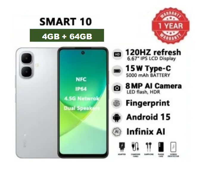 Brand New Infinix Smart 10 6.67" 120Hz Display 64GB + 4GB 5000mAh Long-Life Battery 4.5G Dual SIM Waterproof Dual Speakers 15W Charging NFC Fingerprint Lock Android15 AI Smart Phones Mobile