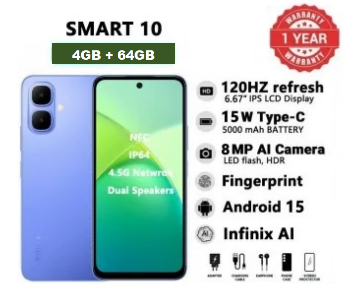 Brand New Infinix Smart 10 6.67" 120Hz Display 64GB + 4GB 5000mAh Long-Life Battery 4.5G Dual SIM Waterproof Dual Speakers 15W Charging NFC Fingerprint Lock Android15 AI Smart Phones Mobile