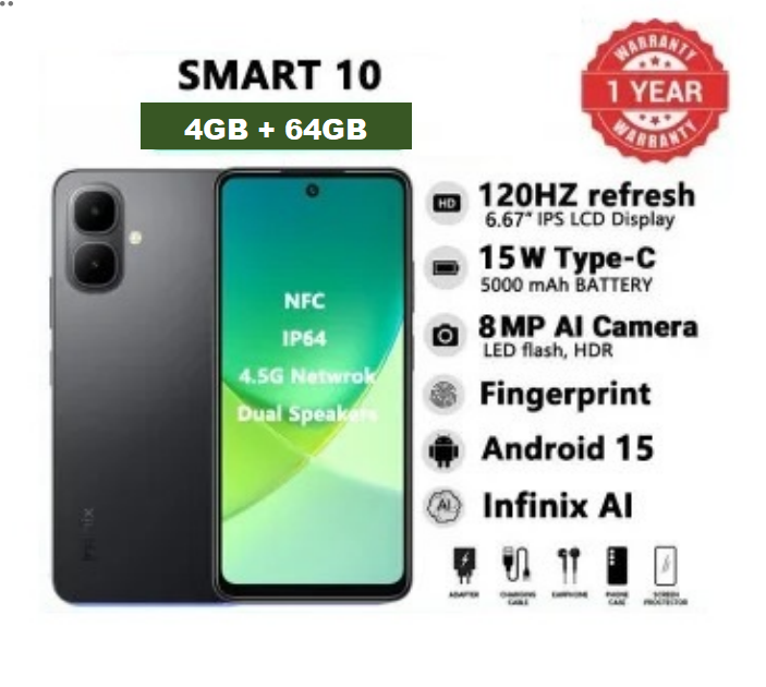 Brand New Infinix Smart 10 6.67" 120Hz Display 64GB + 4GB 5000mAh Long-Life Battery 4.5G Dual SIM Waterproof Dual Speakers 15W Charging NFC Fingerprint Lock Android15 AI Smart Phones Mobile