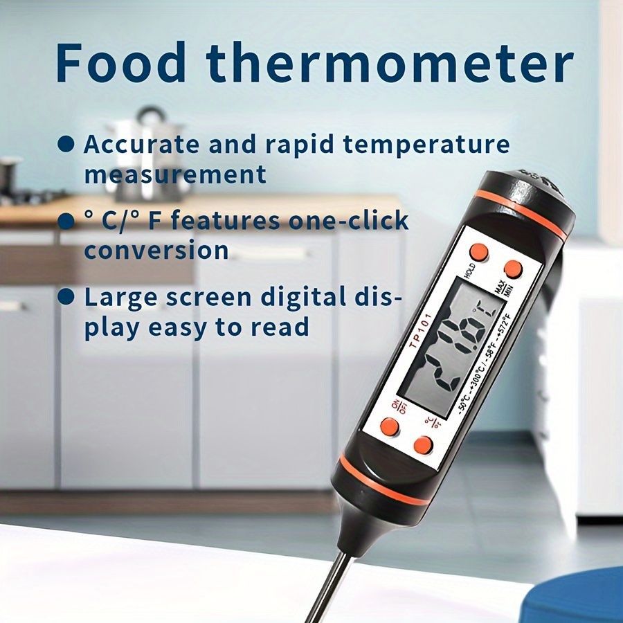 1pc Digital Food Thermometer with Stainless Steel Probe - Dual Display for Accurate Cooking Temperature, Ideal for BBQ, Baking, Grilling - Easy-to-Read Large Screen, Includes AA Battery, Food Thermome