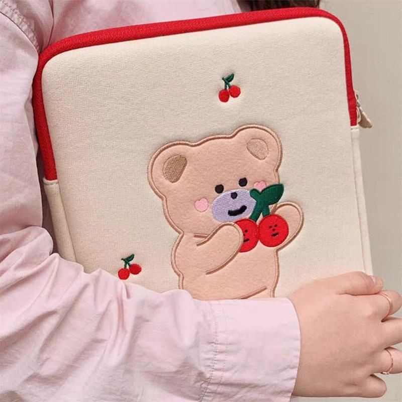 1pc Cute Cartoon Bear & Cherry Tablet Sleeve - Soft, Lightweight Protective Case for 27.94cm/33.02cm Tablets in White/Pink - Durable, Dustproof Cover with Zipper Closure, Adorable Design fo