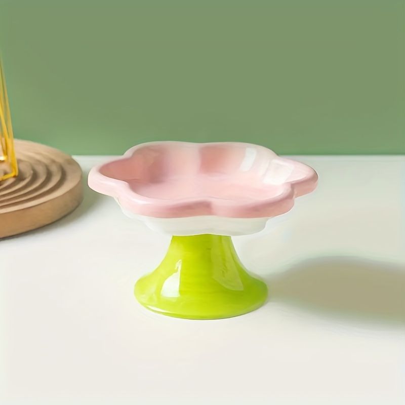Ceramic Raised Cat Bowl With Flower Design, Elevated Cat Food Bowl Water Plate Snack Dish