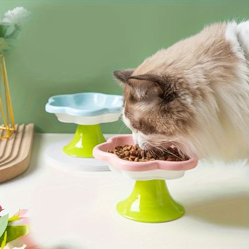 Ceramic Raised Cat Bowl With Flower Design, Elevated Cat Food Bowl Water Plate Snack Dish